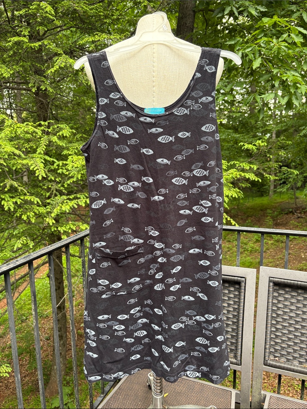 Fresh Produce Sleeveless Black Dress with White Fish Print sz S